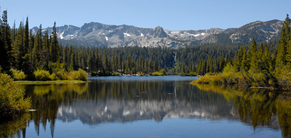Snow-streaked Sierra peaks reflected in a still lake ringed by pines in the Mammoth Lakes basin.