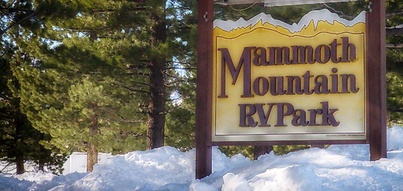 The carved Mammoth Mountain RV Park sign standing in deep snow between pine trees at the park entrance.